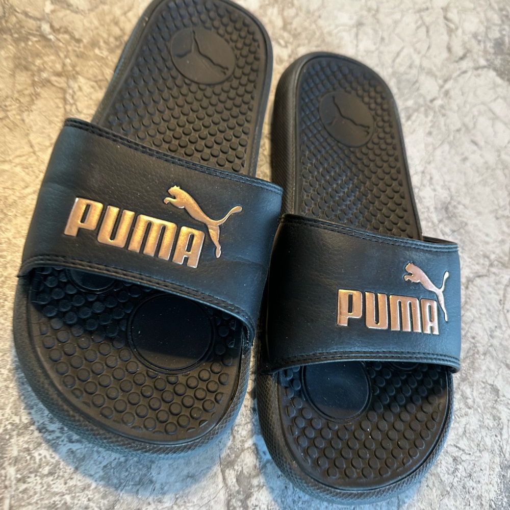 Puma Black Slides with Gold Logo